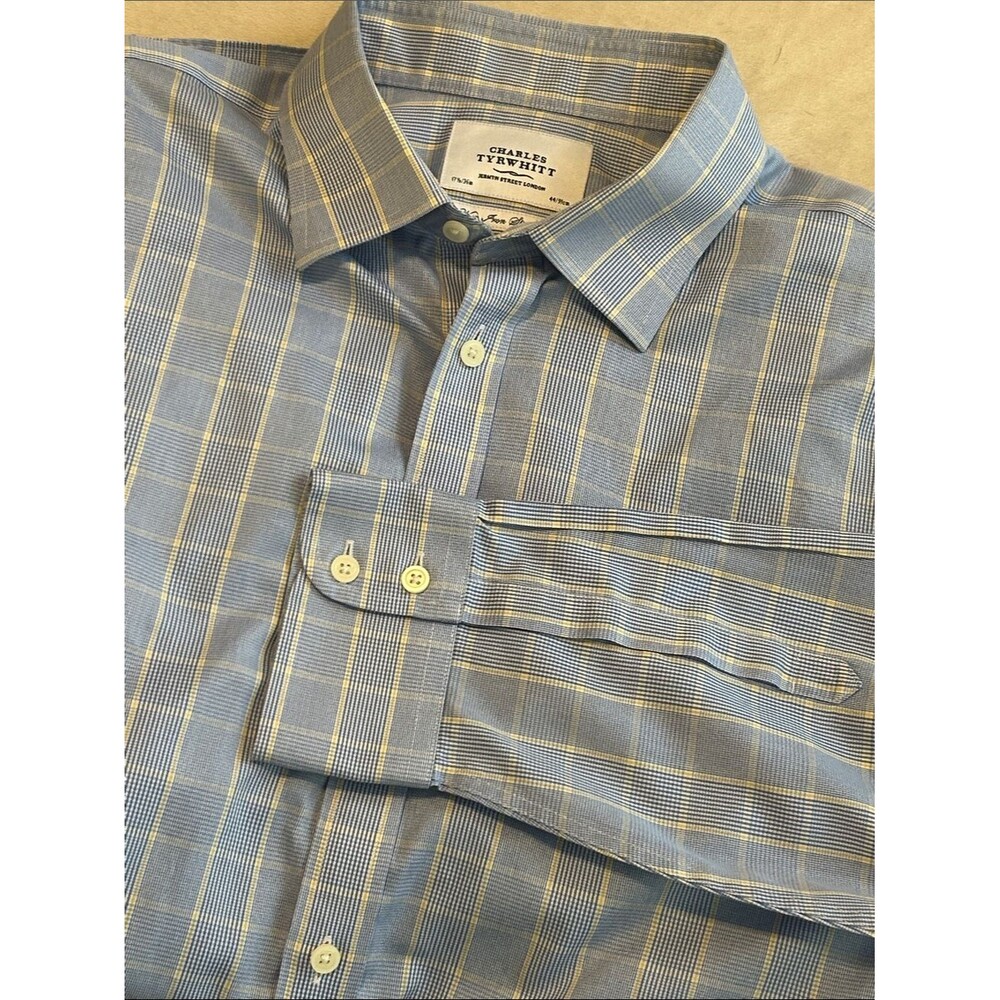 Charles Tyrwhitt Non-Iron Slim Fit Dress Shirt Blue Yellow Plaid 17.5 / 36